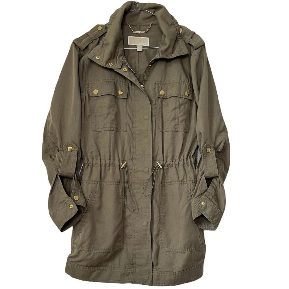 Michael Kors Anorak Coat Olive Green Jacket Drawstring Waist Gold Hardware XS